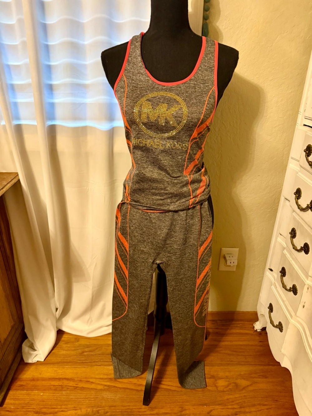 Michael Kors Gray Orange Activewear  Tank & Pant Yoga Workout Set Small Bling